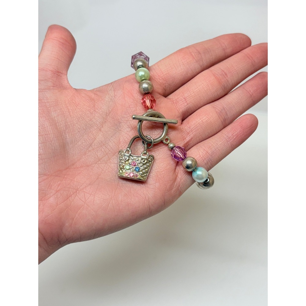 Silver Tone Pastel Beaded Charm Bracelet with Rhinestone Handbag Toggle Clasp